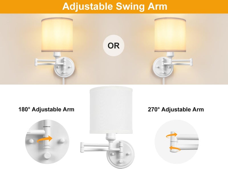 GOODATE Plug in Wall Sconces with Remote Control, Dimming, Adjustable Colors 2700K-6500K, Hardwire or Plug-in, Swing Arm Wall Lamp, Wall Sconces Set of Two, White Fabric Shade, White Finish - Image 4